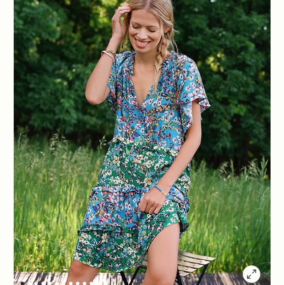 Anthropologie Robin Tiered red yellow floral mini sundress short sleeves Large - Picture 7 of 16